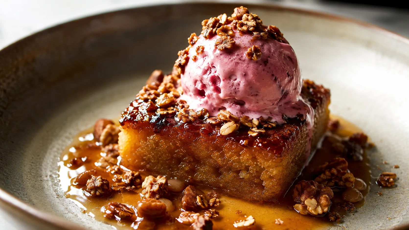 Maple syrup sponge pudding with berry ice cream and homemade granola